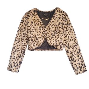 bebe Leopard Print Cropped Faux Fur Jacket - Tan & Black